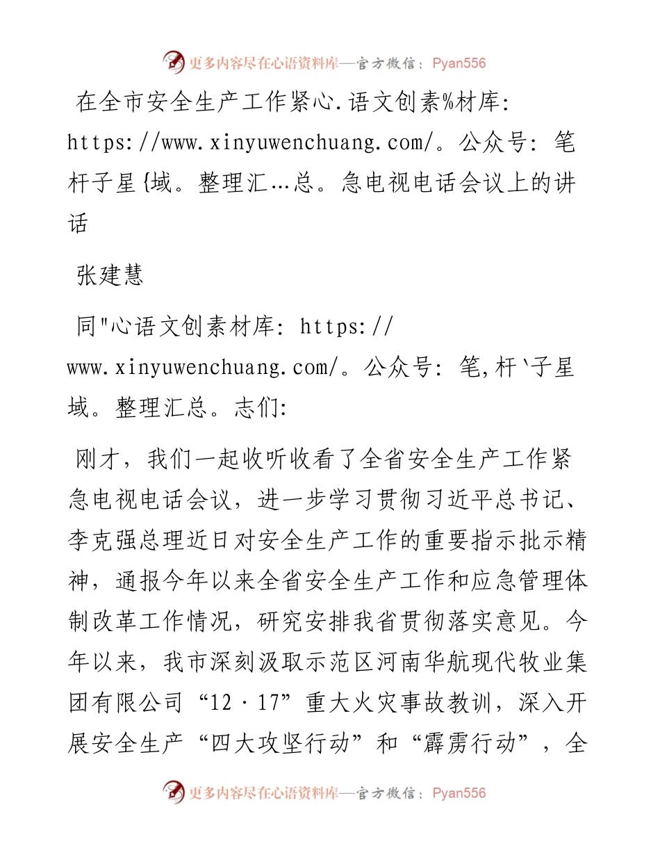 张建慧：在全市安全生产工作紧急电视电话会议上的讲话.docx_第1页