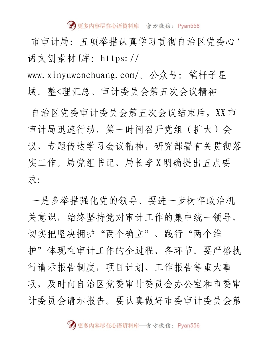 市审计局：五项举措认真学习贯彻自治区党委审计委员会第五次会议精神.docx_第1页