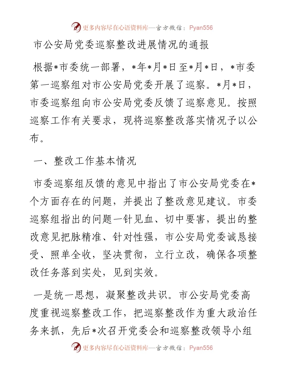 市公安局党委巡察整改进展情况通报.docx_第1页