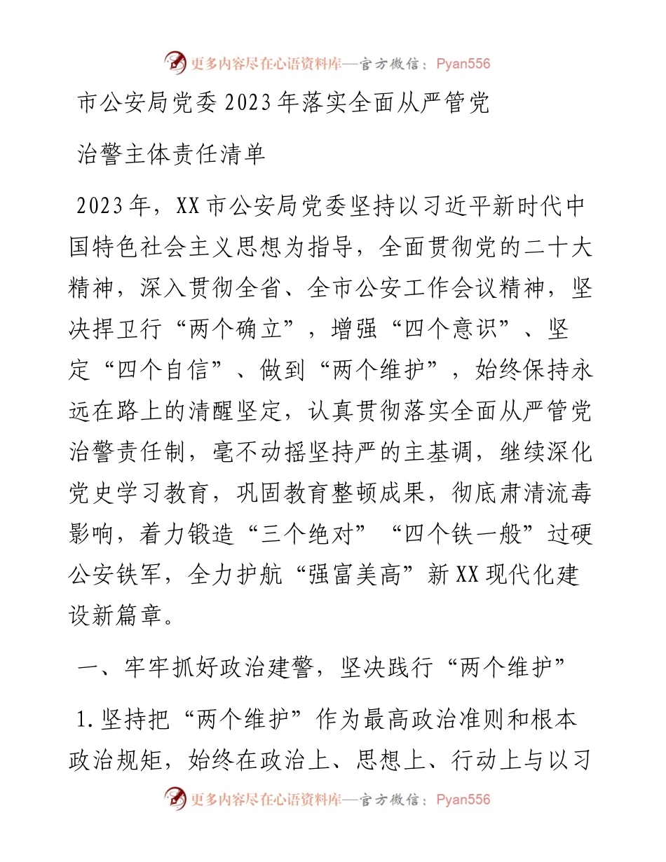 市公安局党委2023年落实全面从严管党治警主体责任清单.docx_第1页