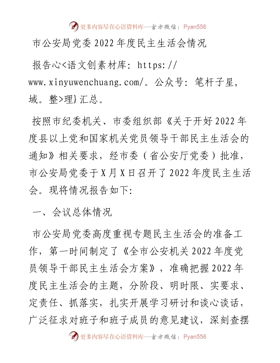 市公安局党委度民主生活会情况报告.docx_第1页