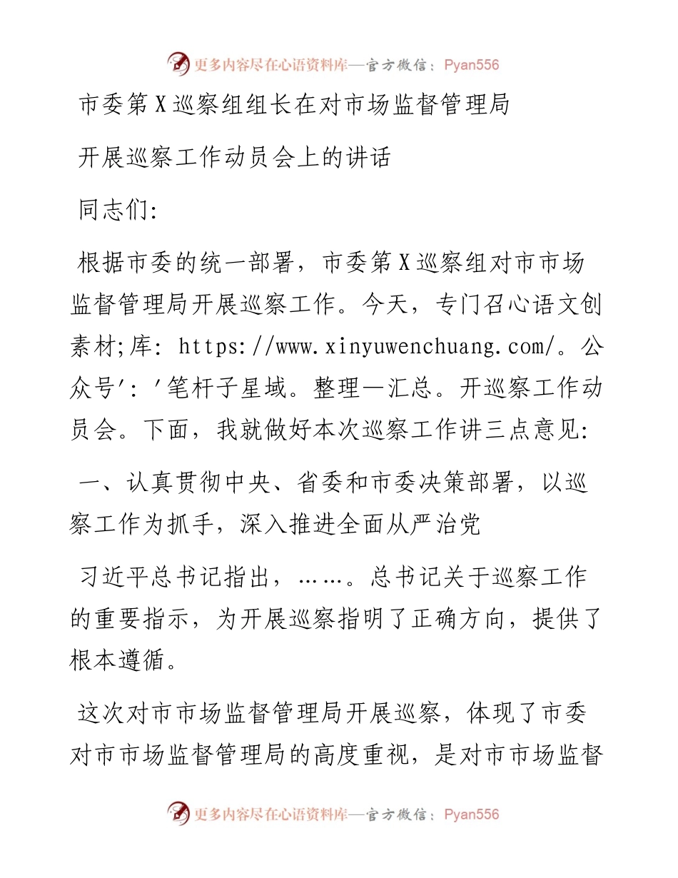 市委第X巡察组组长在对市场监督管理局开展巡察工作动员会上的讲话.docx_第1页