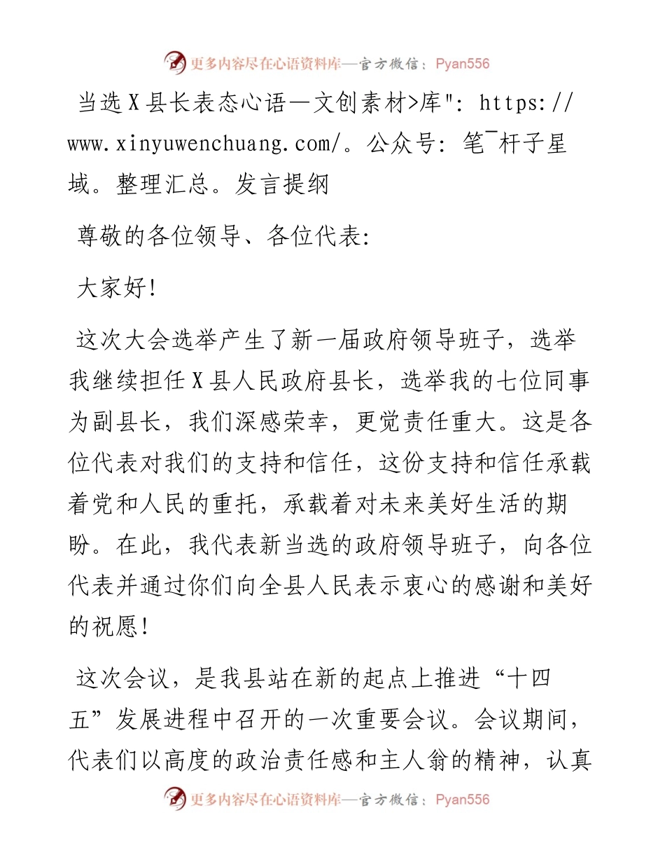 政府系统任职讲话：当选X县长表态发言提纲.docx_第1页