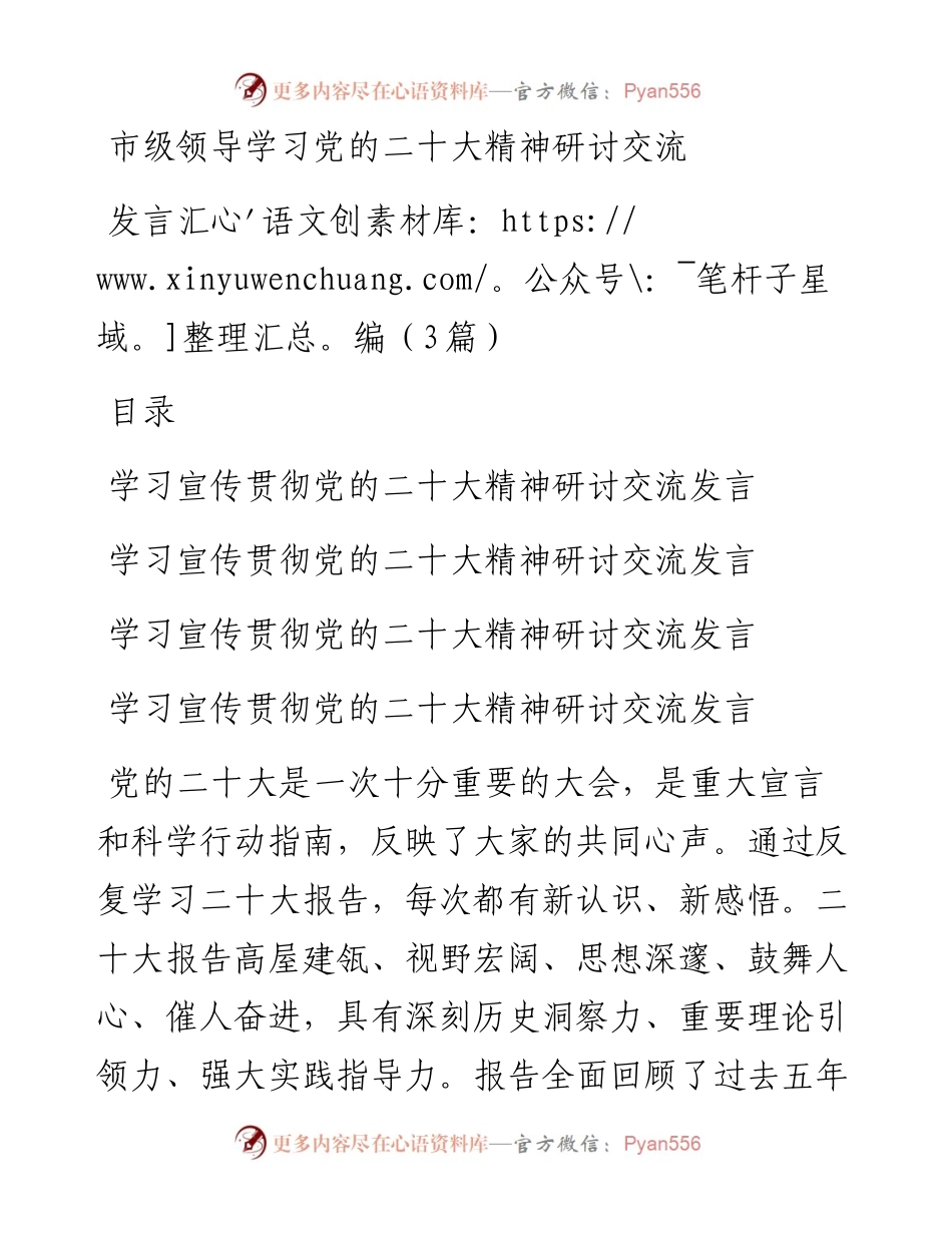 市级领导学习党的二十大精神研讨交流发言汇编（3篇）.docx_第1页