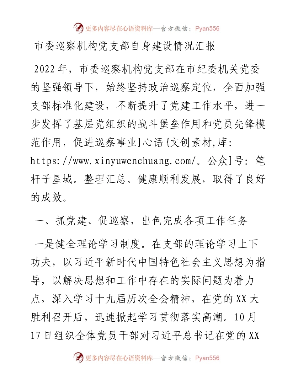 市委巡察机构党支部自身建设情况汇报.docx_第1页