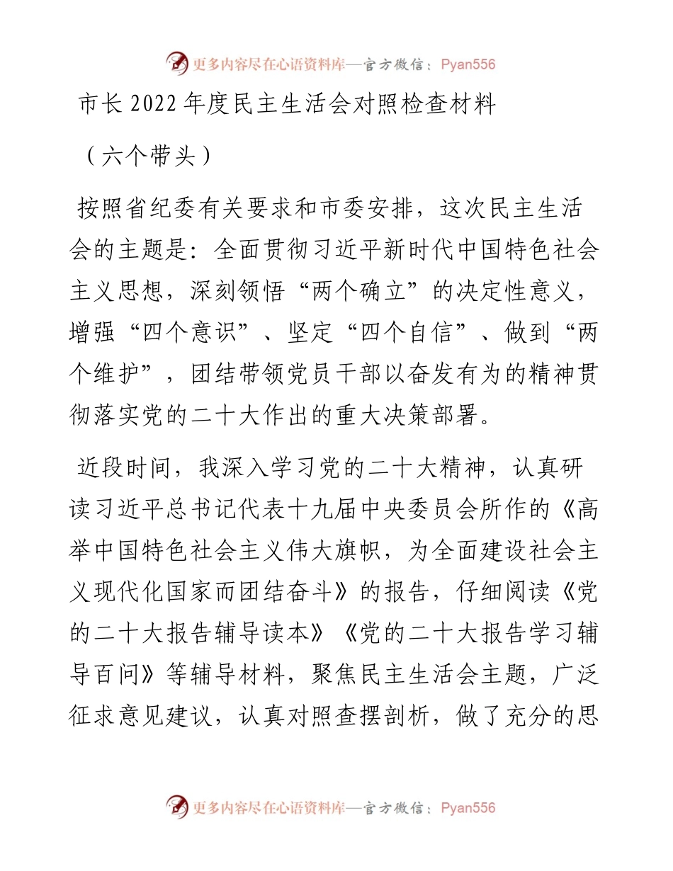 市长度民主生活会对照检查材料（六个带头）.docx_第1页