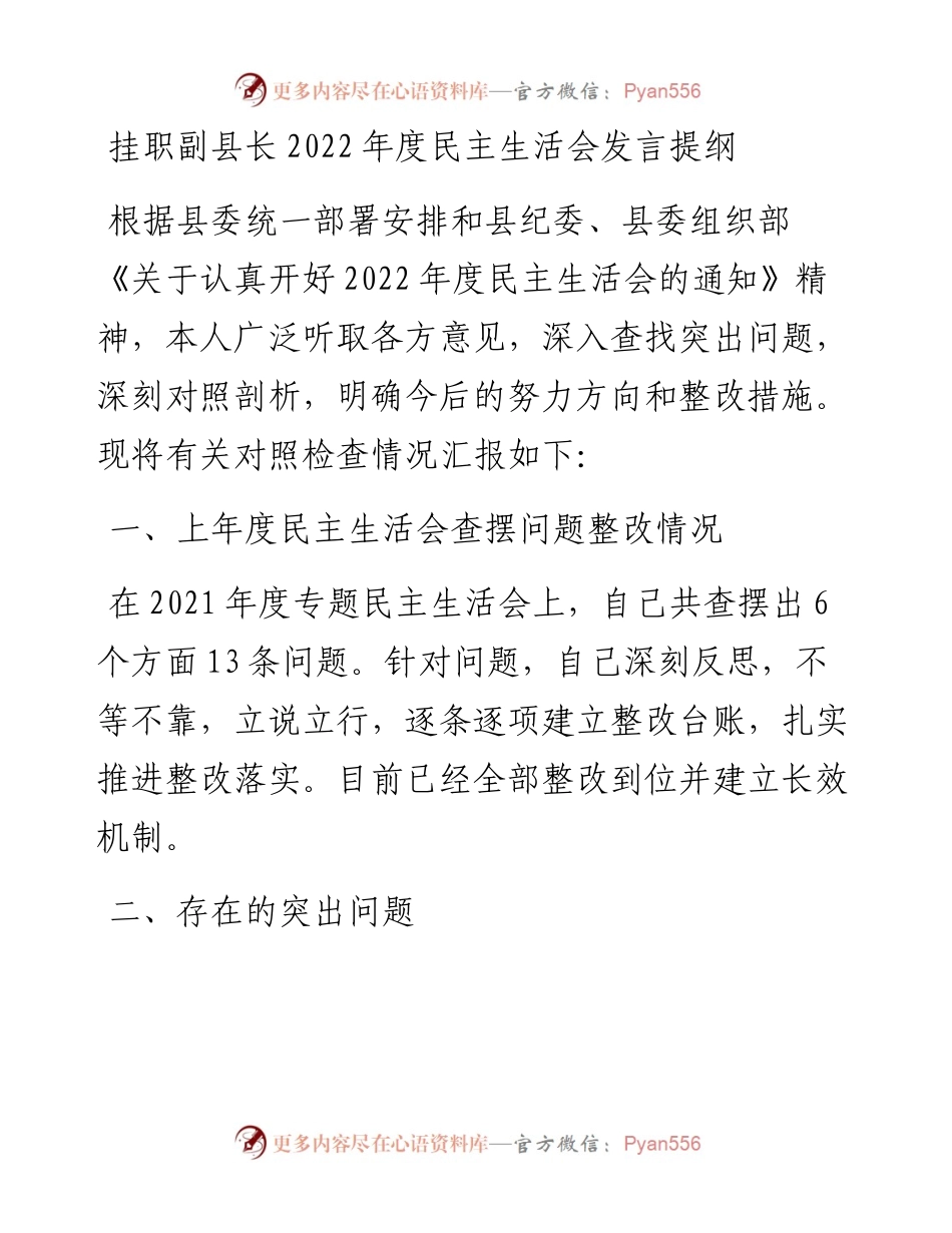 挂职副县长度民主生活会发言提纲.docx_第1页