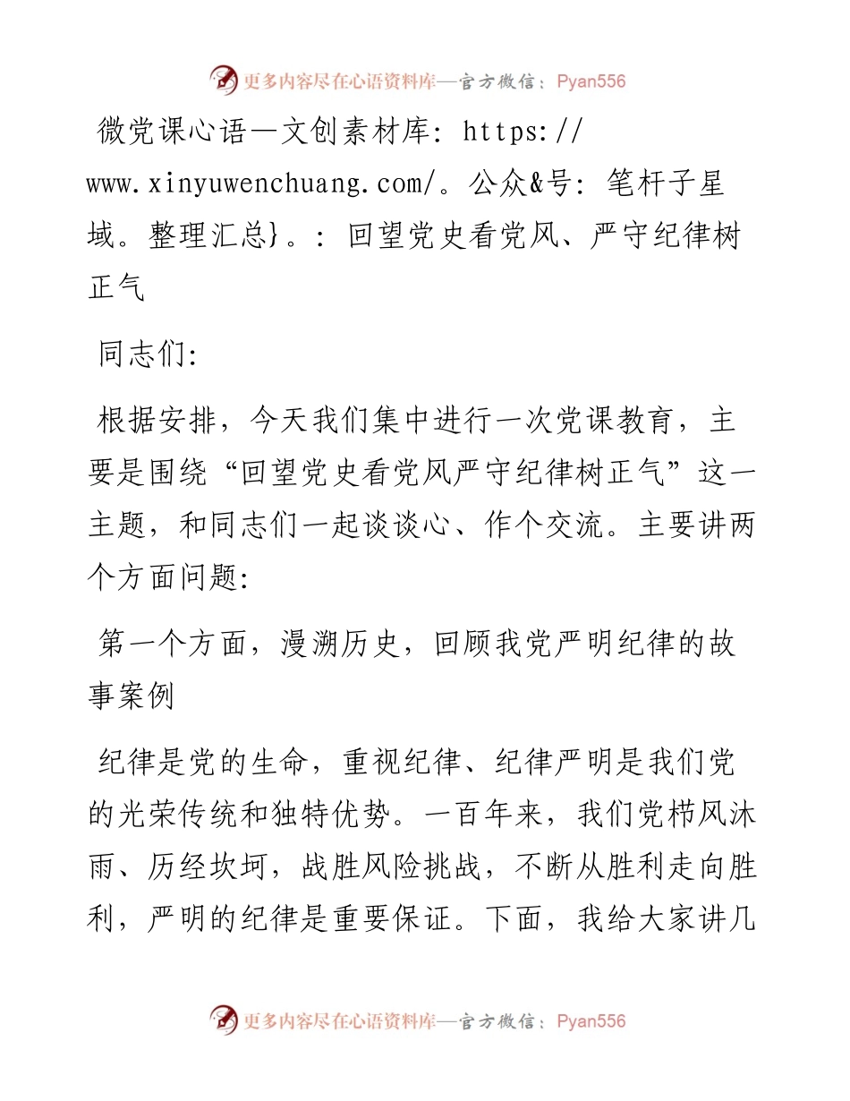 微党课：回望党史看党风  严守纪律树正气.docx_第1页