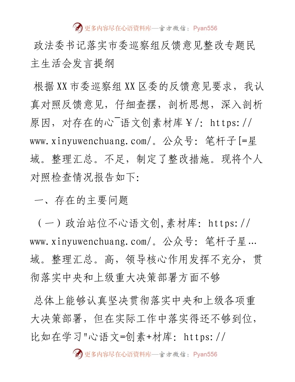 政法委书记落实市委巡察组反馈意见整改专题民主生活会发言提纲.docx_第1页