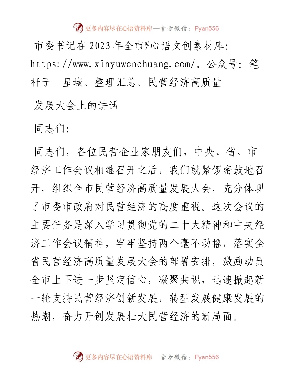 市委书记在2023年全市民营经济高质量发展大会上的讲话.docx_第1页