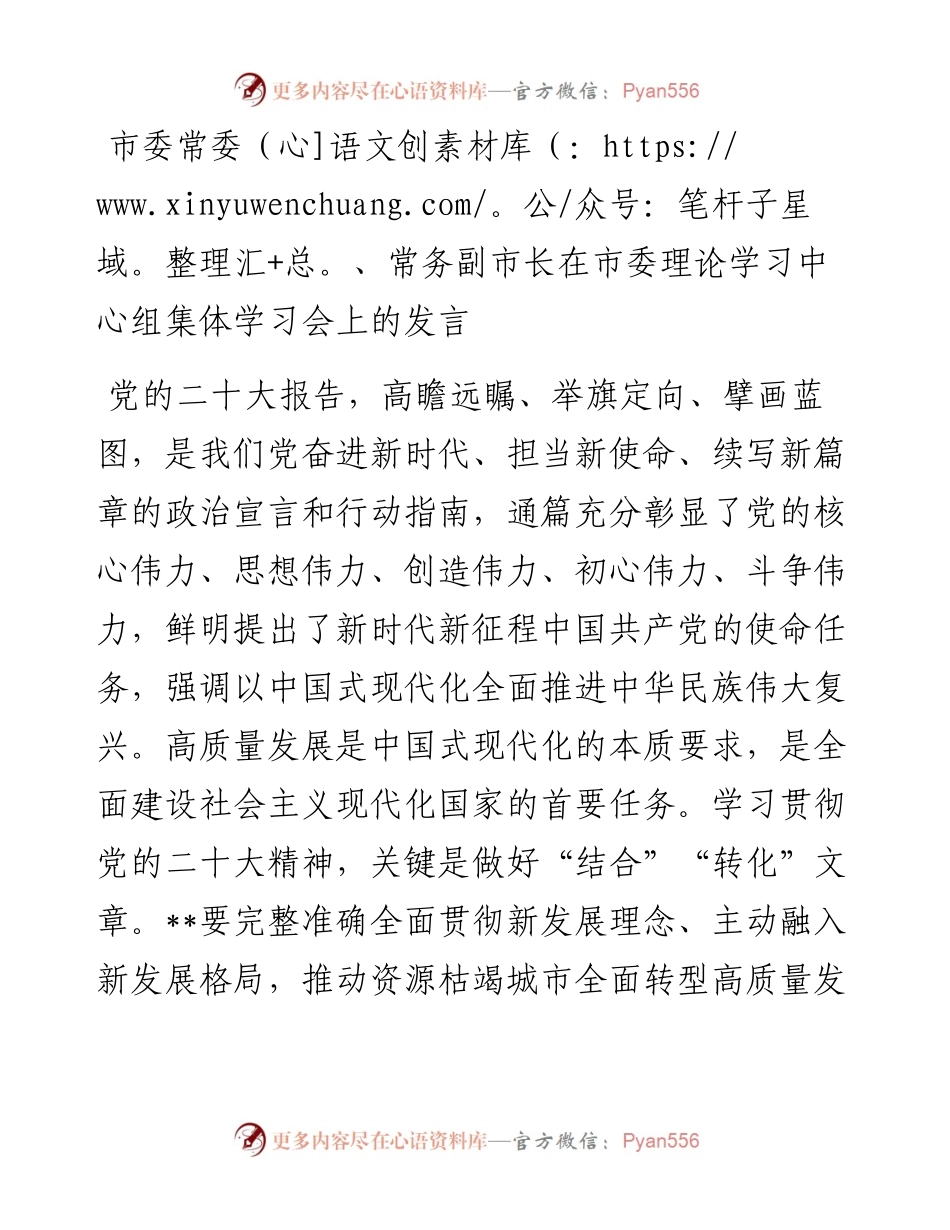 市委常委、常务副市长在市委理论学习中心组集体学习会上的发言.docx_第1页