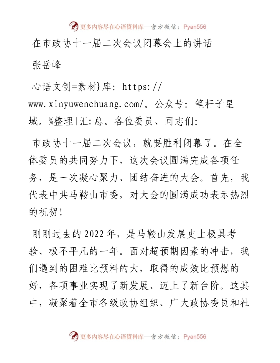 张岳峰：在市政协十一届二次会议闭幕会上的讲话（20230101）.docx_第1页