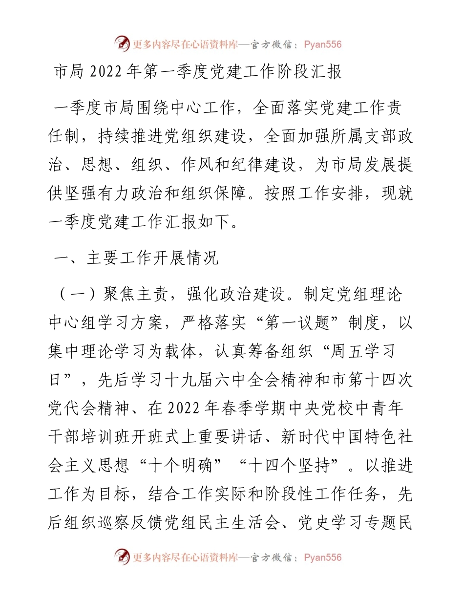市局第一季度党建工作阶段汇报.docx_第1页