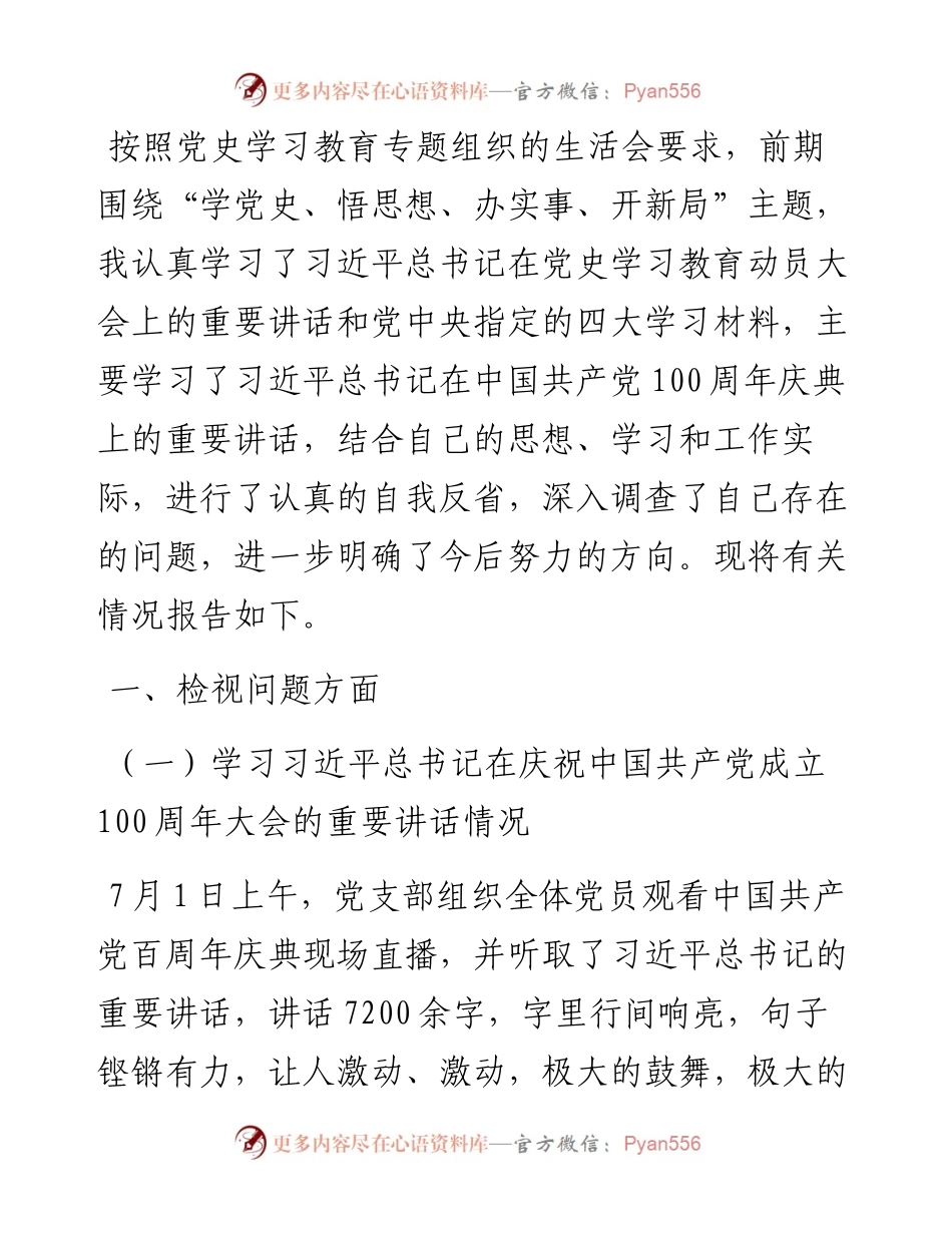政府办干部党史学习教育专题组织生活会个人对照检查材料.docx_第1页
