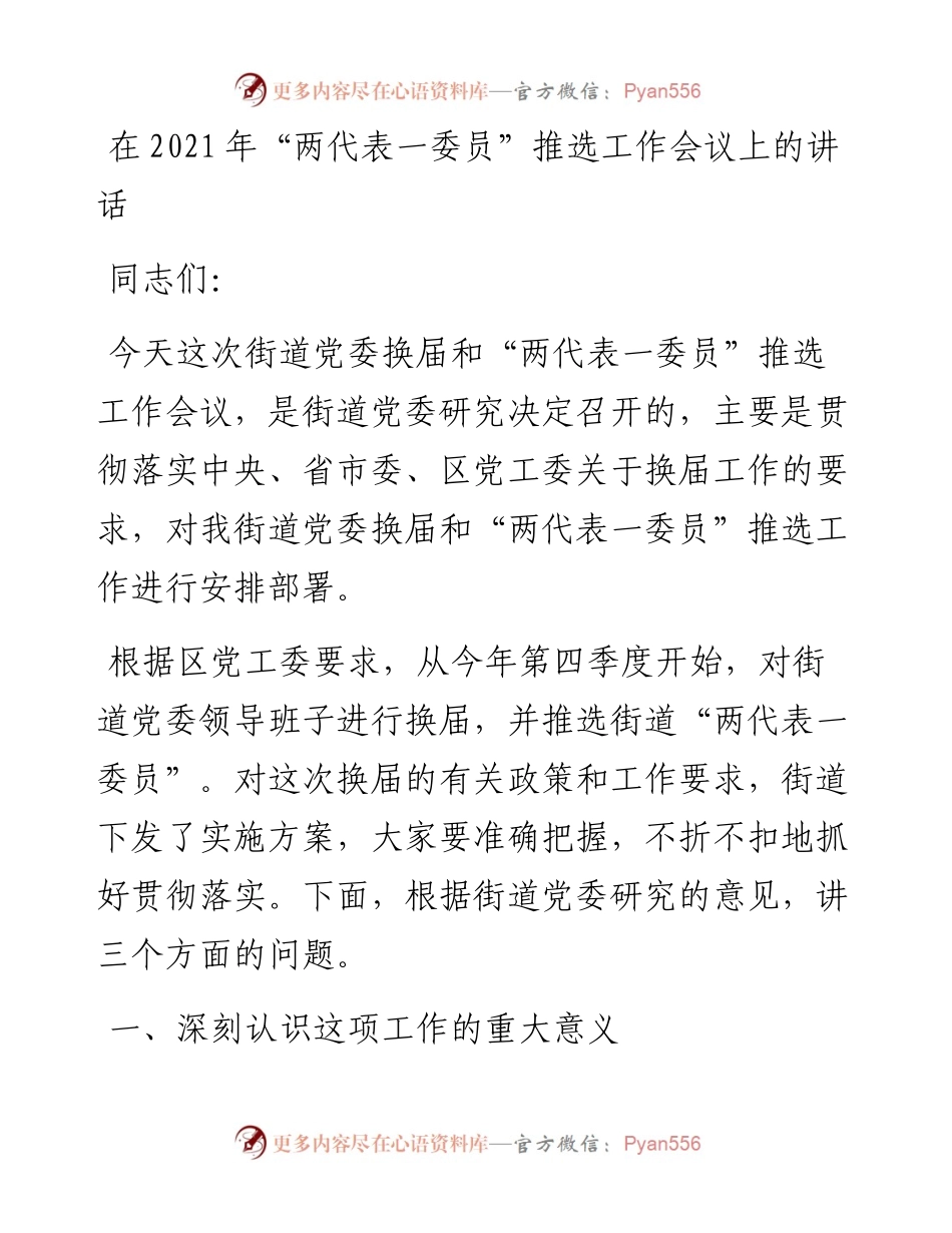 干部在“两代表一委员”推选工作会议上的讲话发言材料.docx_第1页