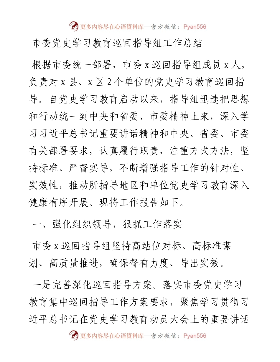 市委党史学习教育巡回指导组工作总结.docx_第1页