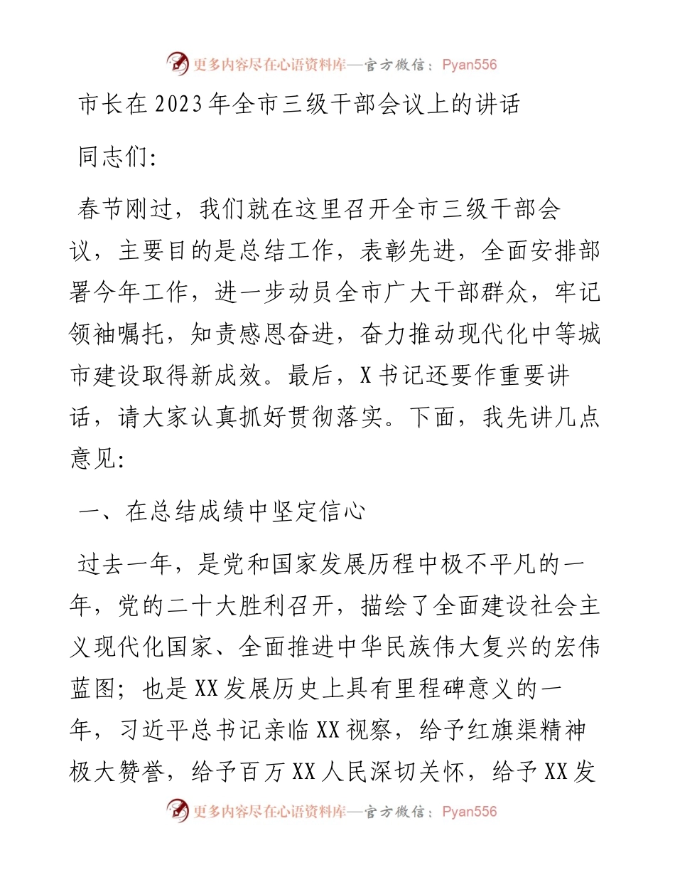 市长在2023年全市三级干部会议上的讲话.docx_第1页