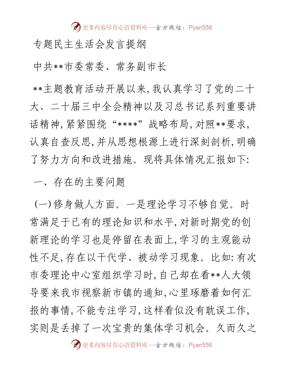 市常委、常务副市长专题民主生活会发言提纲.docx_第1页