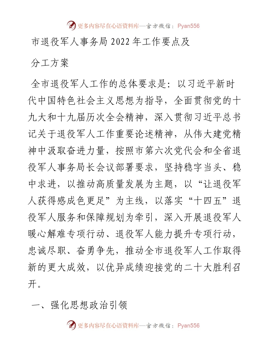 市退役军人事务局工作要点及分工方案.docx_第1页