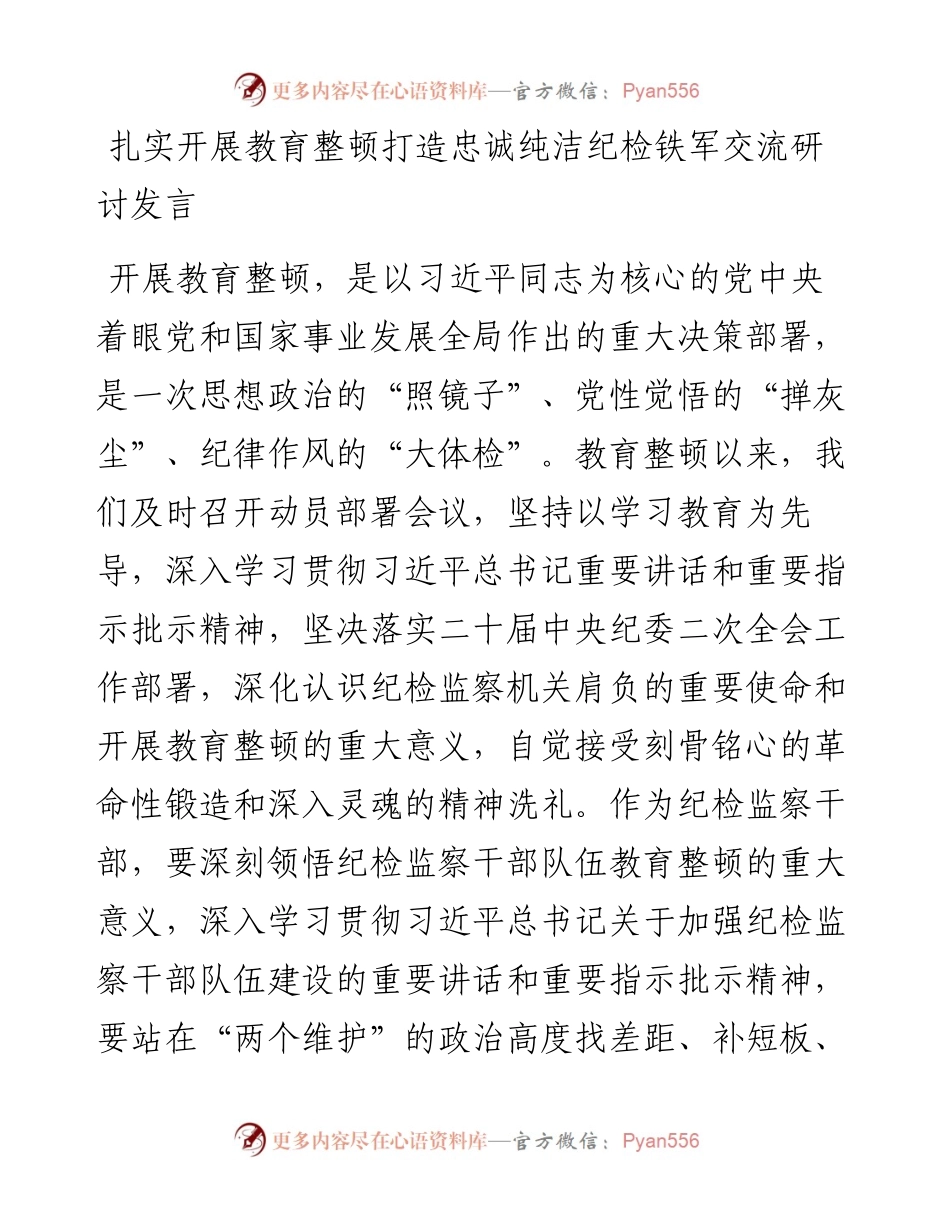 扎实开展教育整顿打造忠诚纯洁纪检铁军交流研讨发言.docx_第1页