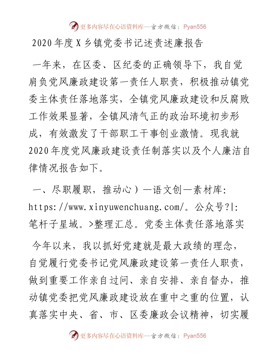 度X乡镇党委书记述责述廉报告.docx_第1页