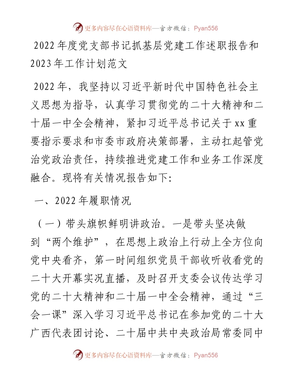 度党支部书记抓基层党建工作述职报告和2023年工作计划.docx_第1页