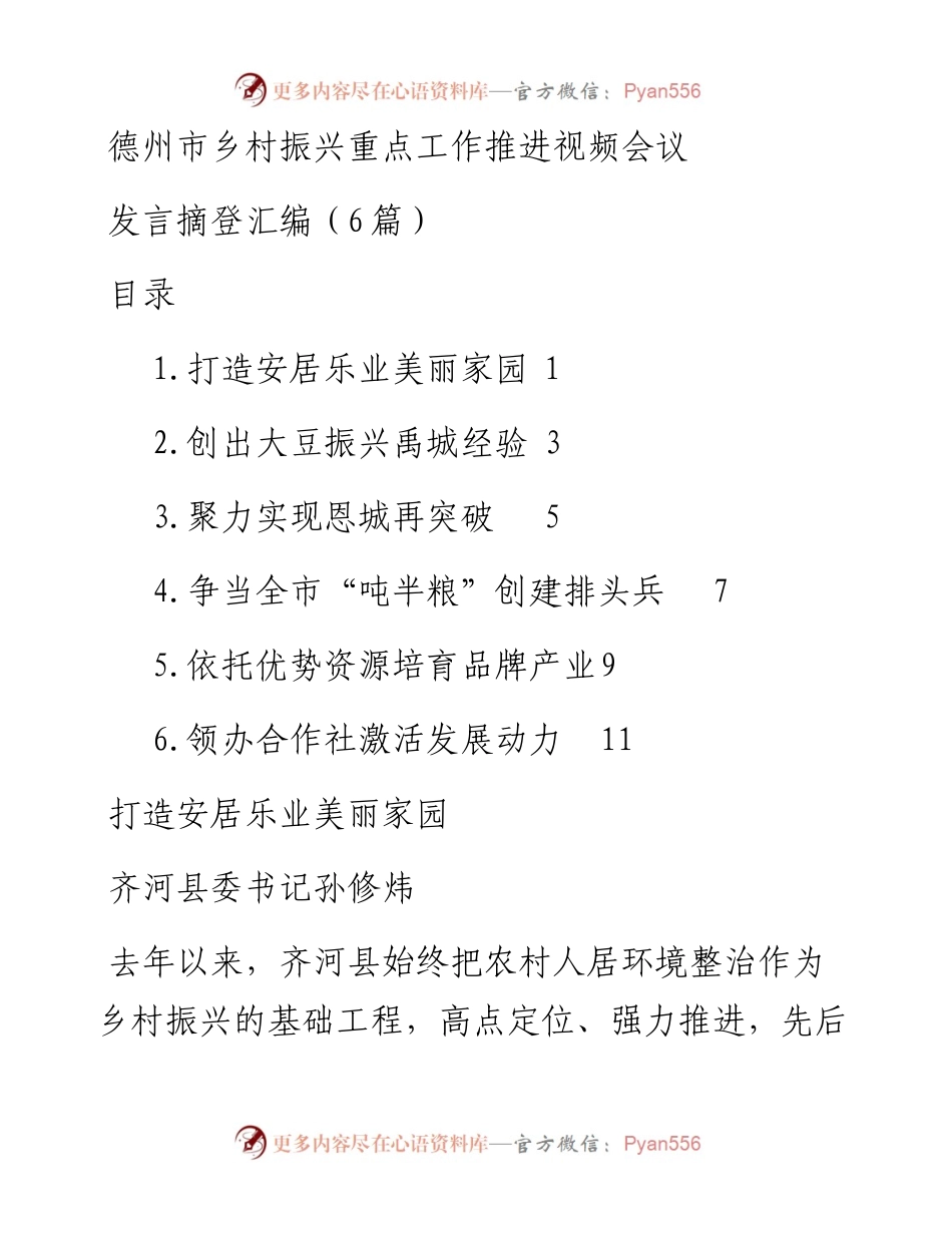 德州市乡村振兴重点工作推进视频会议发言摘登汇编（6篇）.docx_第1页