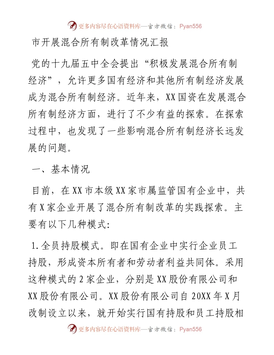 市开展混合所有制改革情况汇报.docx_第1页