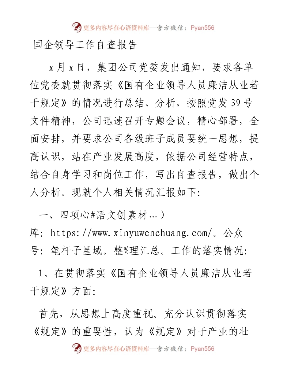 文汇359—国企领导工作自查报告.docx_第1页