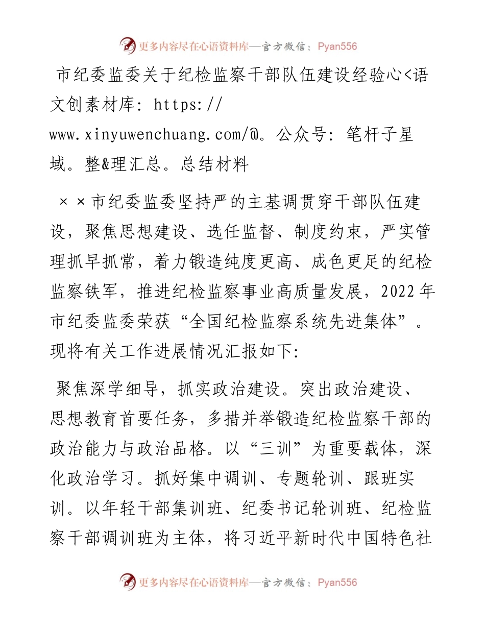 市纪委监委关于纪检监察干部队伍建设经验总结材料.docx_第1页