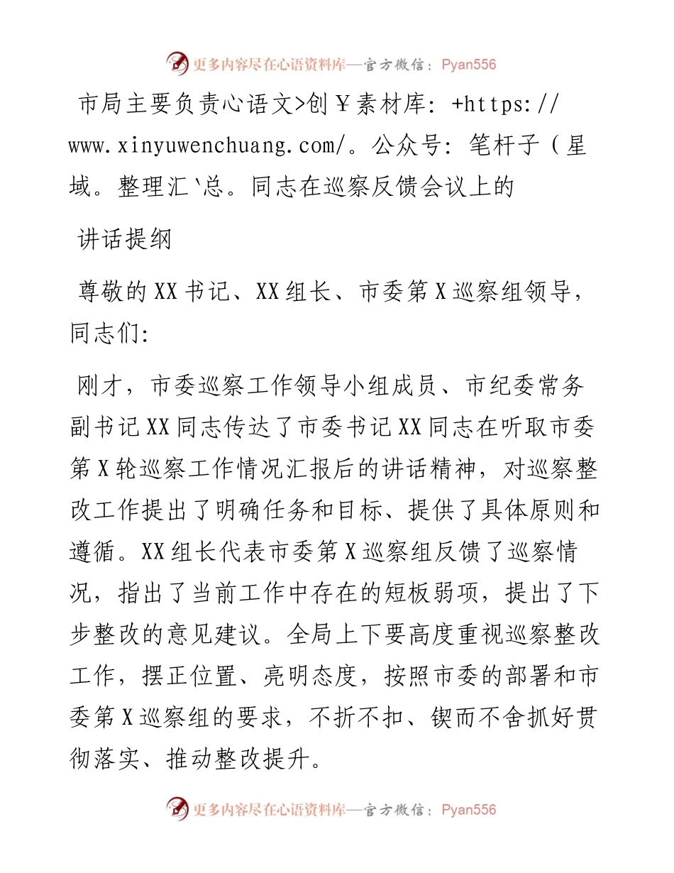 市局主要负责同志在巡察反馈会议上的讲话提纲.docx_第1页