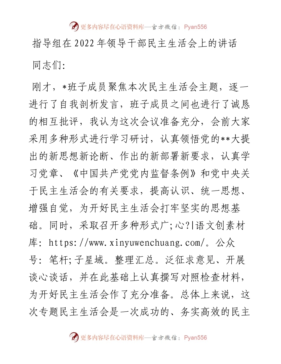 指导组在领导干部民主生活会上的讲话.docx_第1页