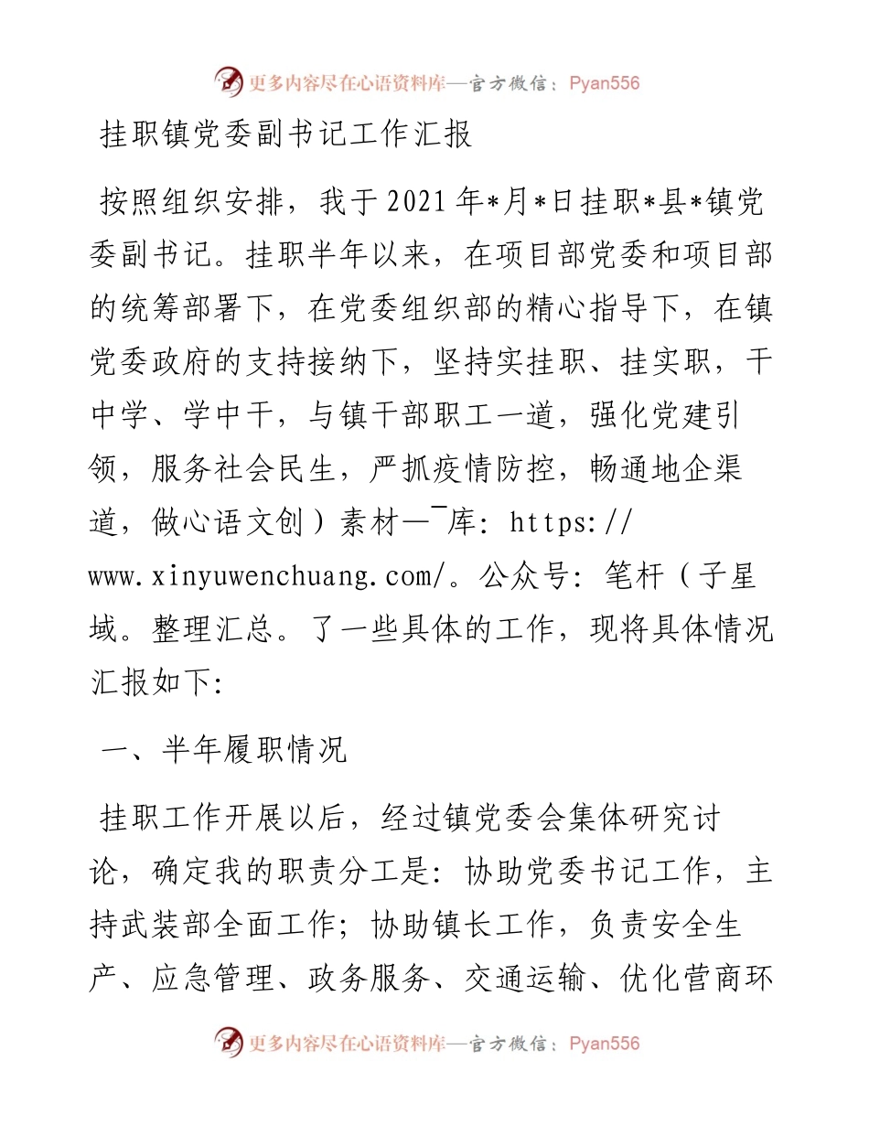 挂职镇党委副书记工作汇报(1).docx_第1页