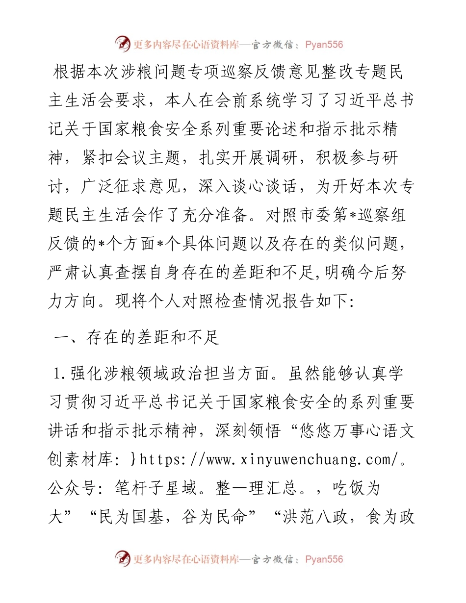 市财政局涉粮巡察整改专题民主生活会班子成员对照检查材料.docx_第1页