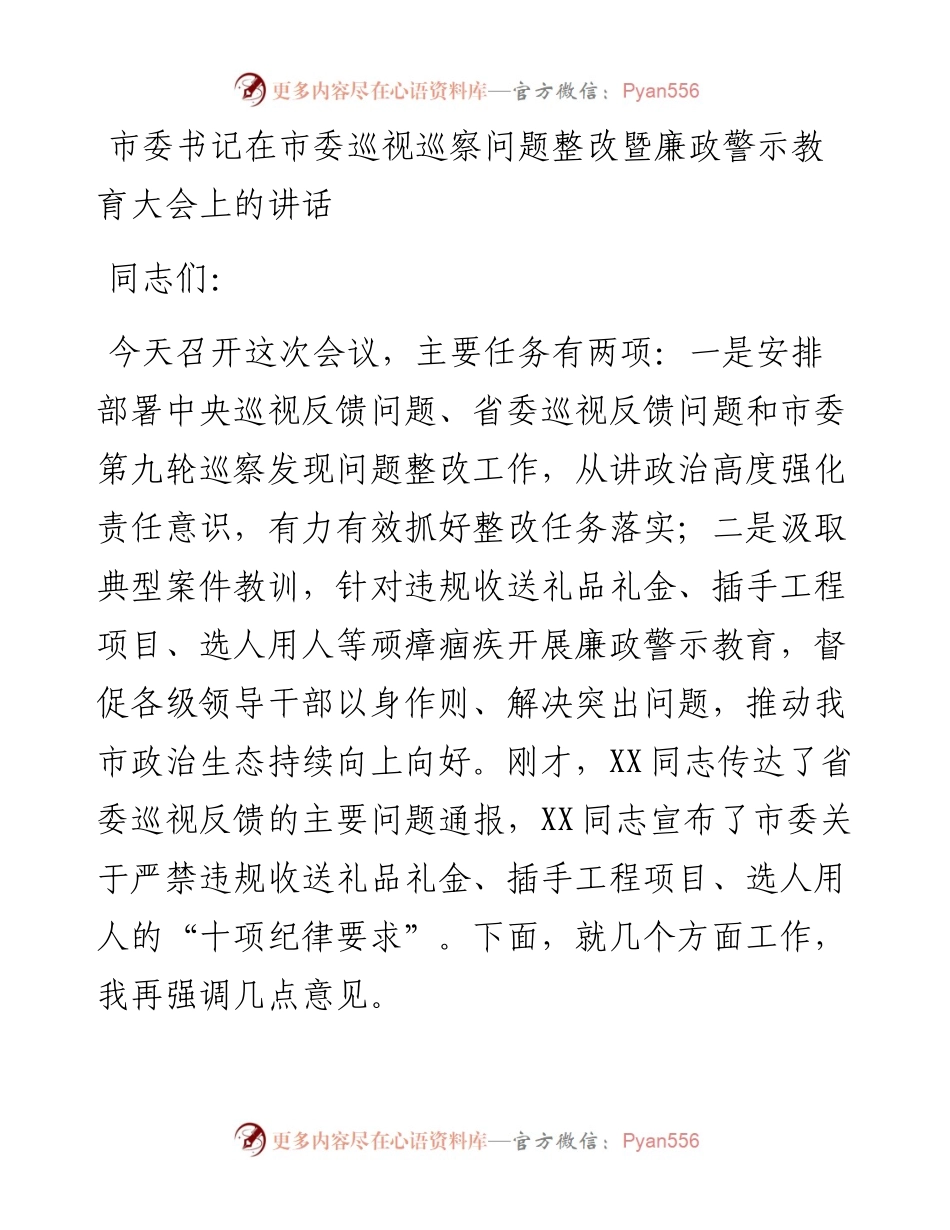 市委书记在市委巡视视巡察问题整改暨廉政警示教育大会上的讲话y.docx_第1页