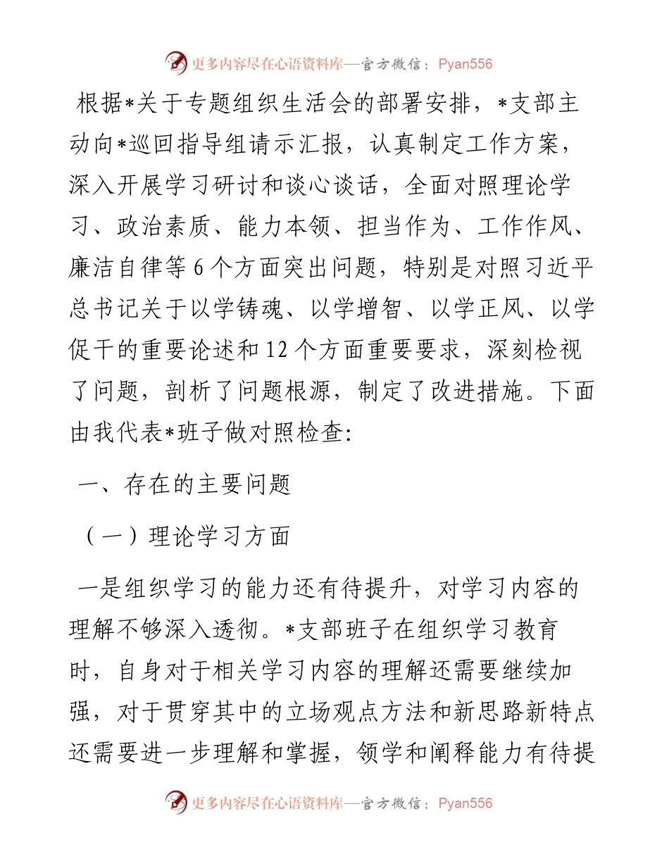 支部班子主题教育专题组织生活会对照检查材料.docx_第1页