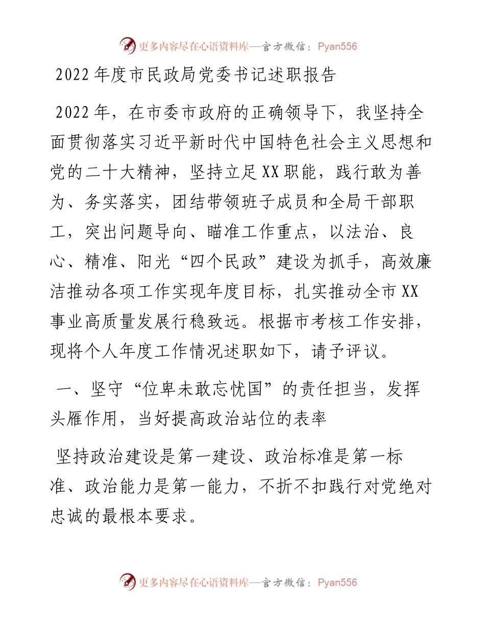 度市民政局党委书记述职报告.docx_第1页