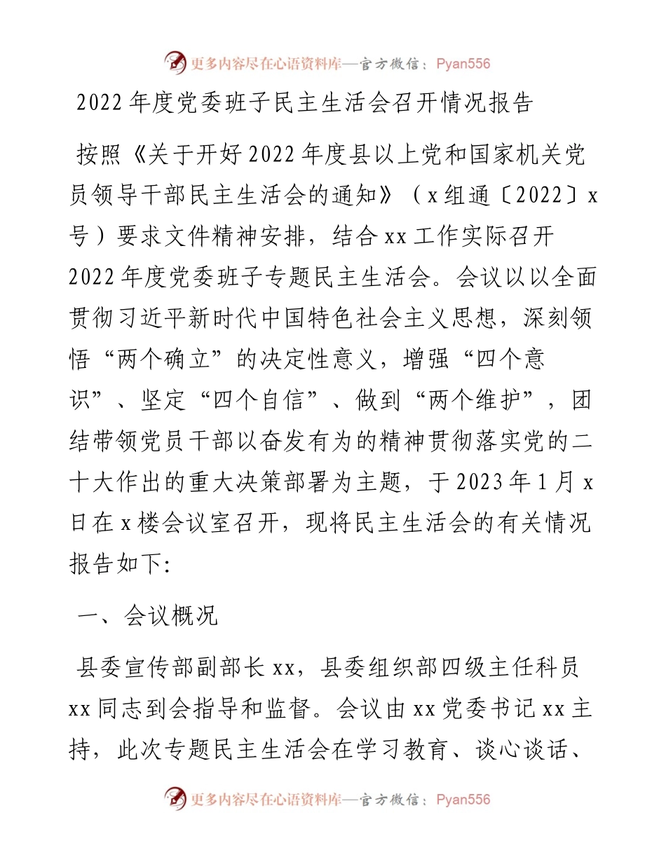 度党委班子民主生活会召开情况报告.docx_第1页