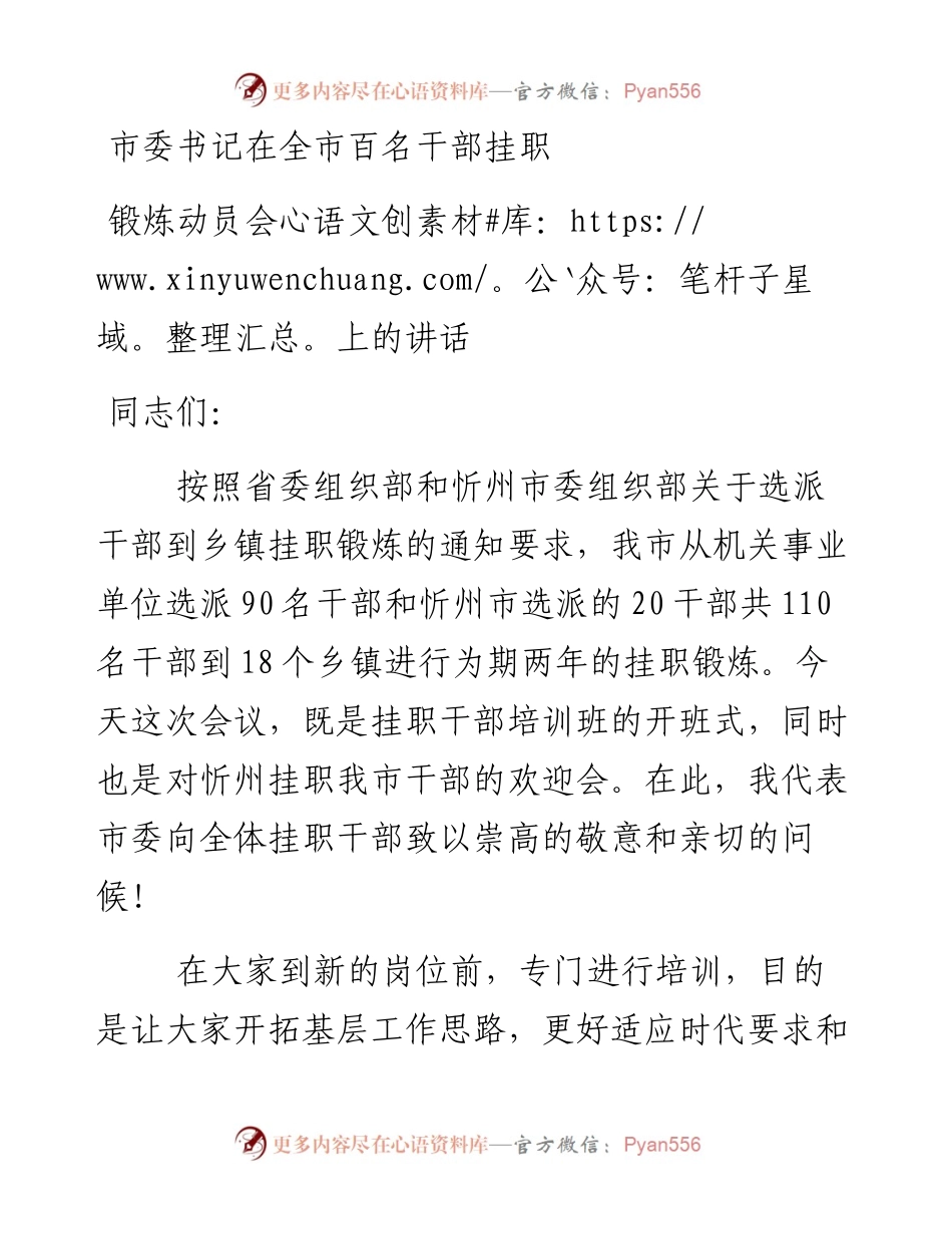 市委书记在全市百名干部挂职锻炼动员会上的讲话.docx_第1页