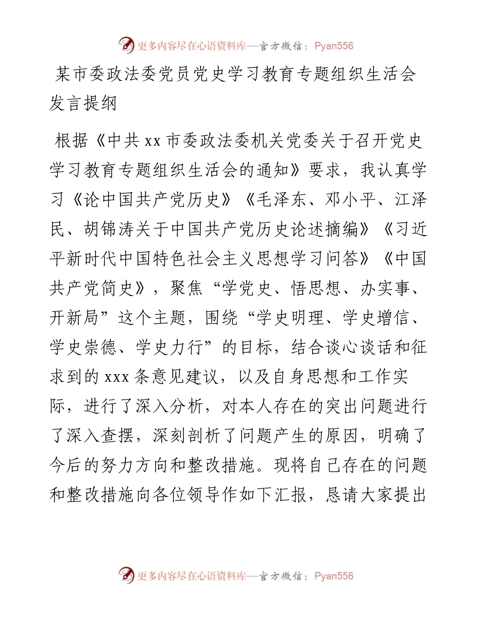 市委政法委党员党史学习教育专题组织生活会发言提纲.docx_第1页