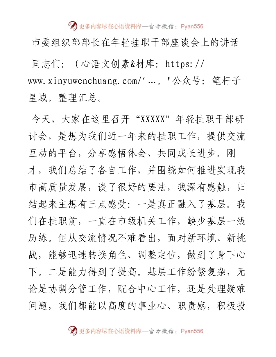 市委组织部部长在年轻挂职干部座谈会上的讲话(1).docx_第1页