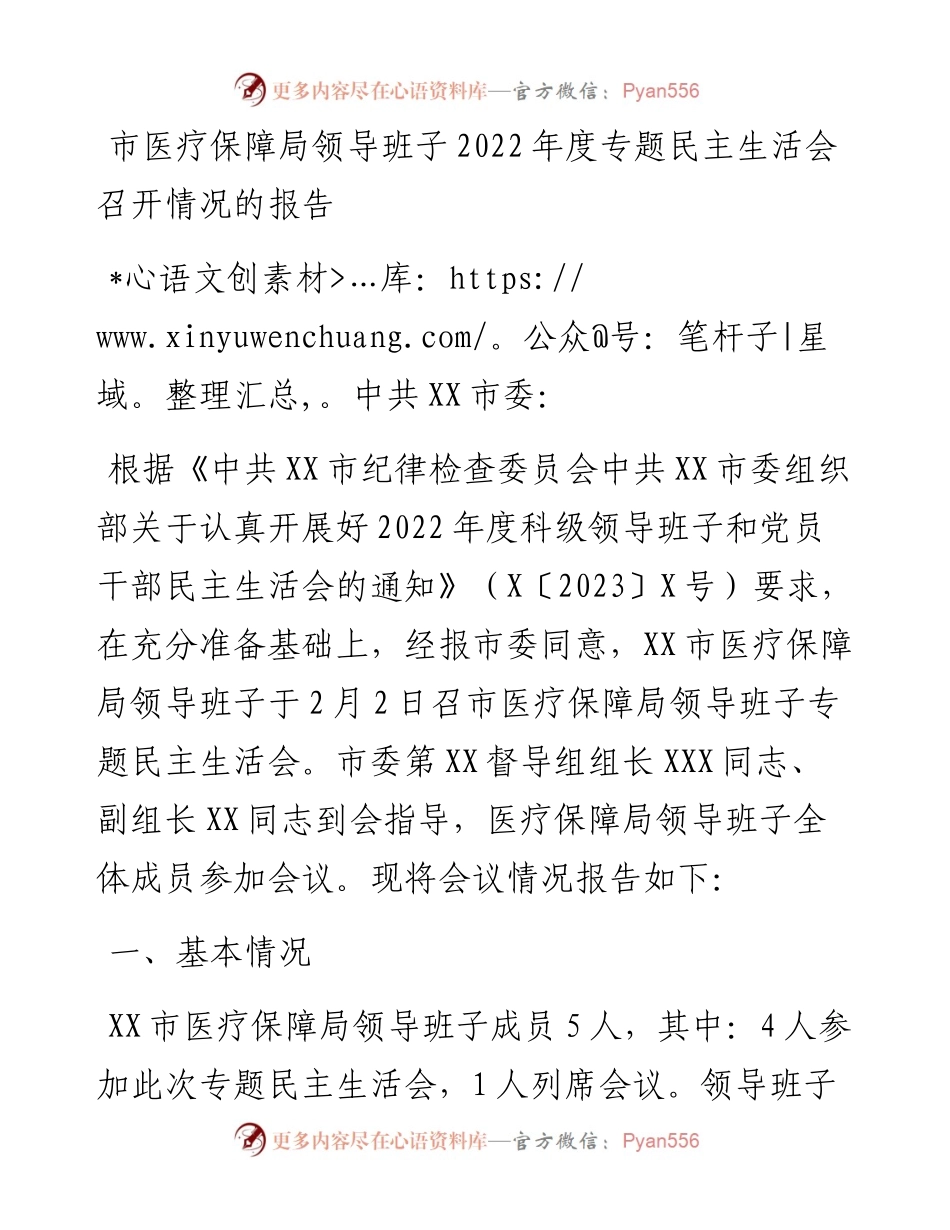 市医疗保障局领导班子度专题民主生活会召开情况的报告.docx_第1页