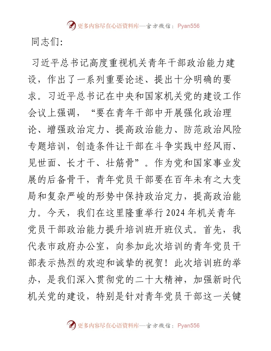 市政府办秘书长在2024年机关青年党员干部政治能力提升培训班上的讲话.docx_第1页