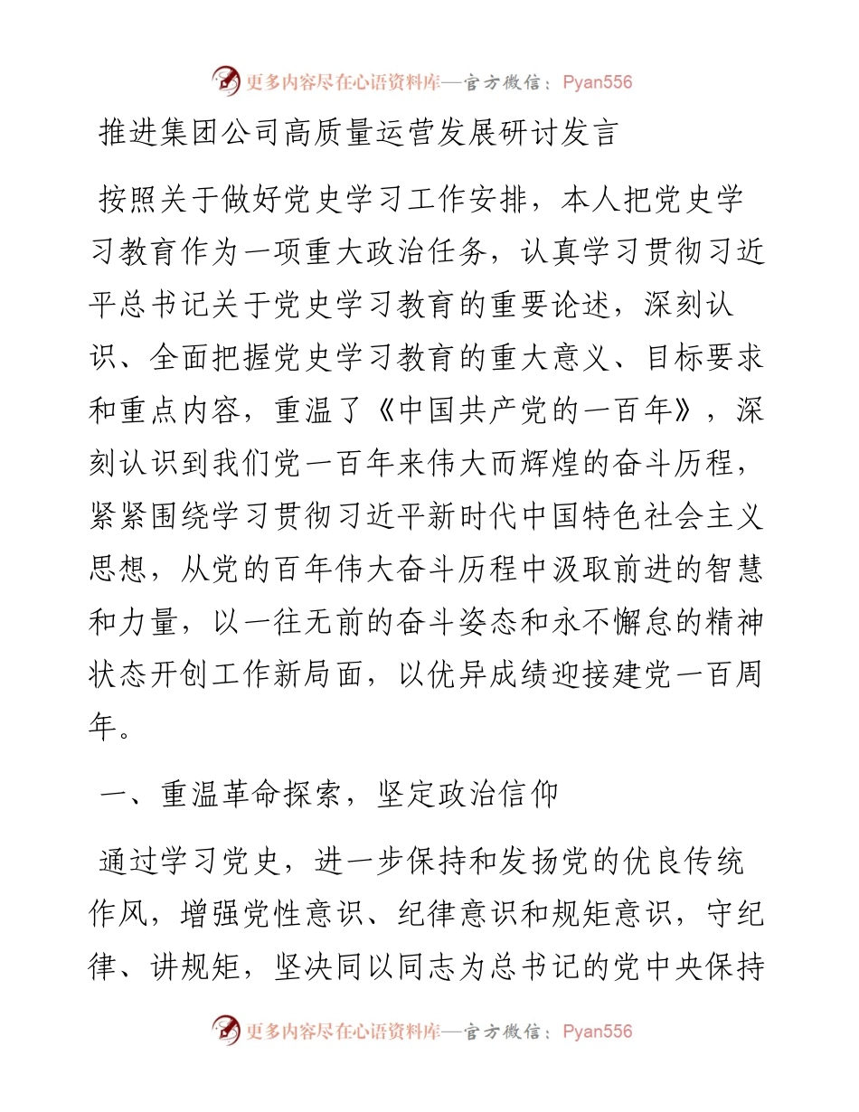 推进集团公司高质量运营发展研讨发言(1).docx_第1页