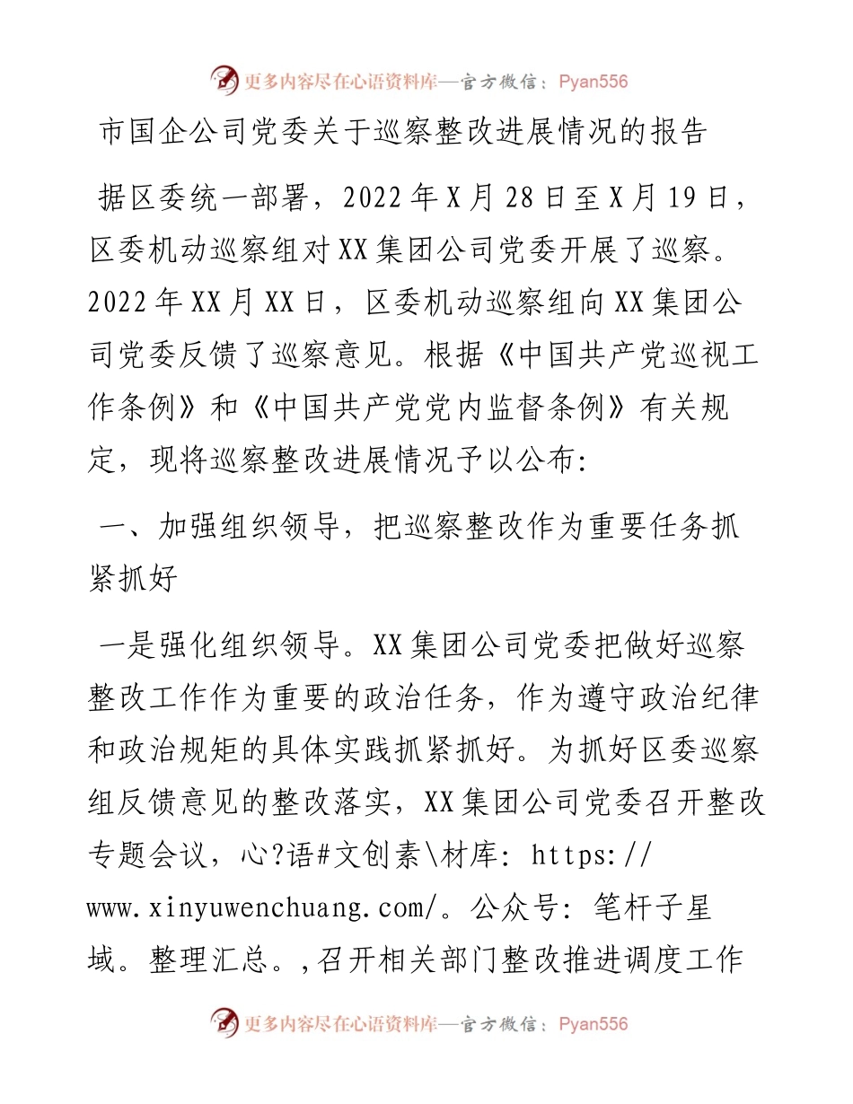 市国企公司党委关于巡察整改进展情况的报告.docx_第1页