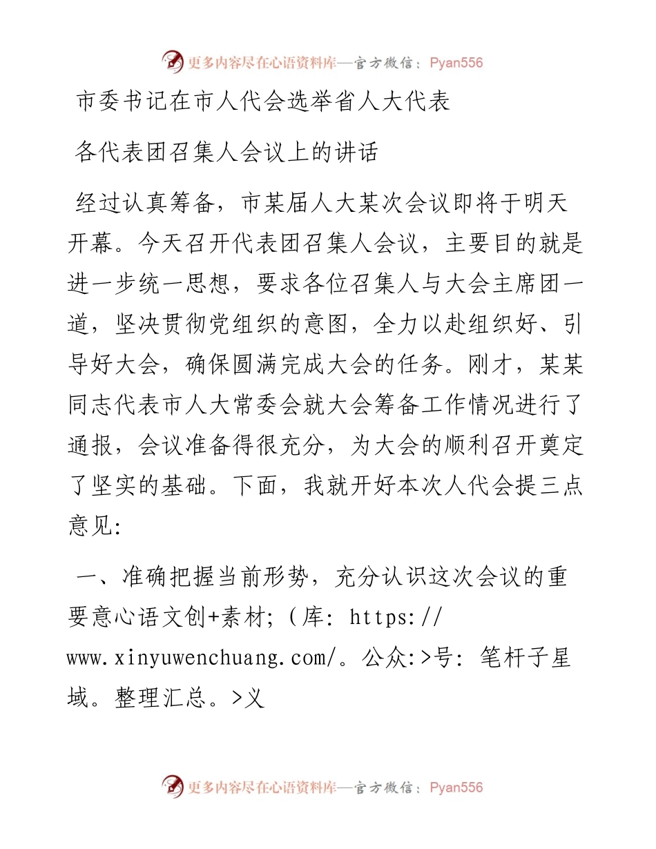市委书记在市人代会选举省人大代表各代表团召集人会议上的讲话.docx_第1页