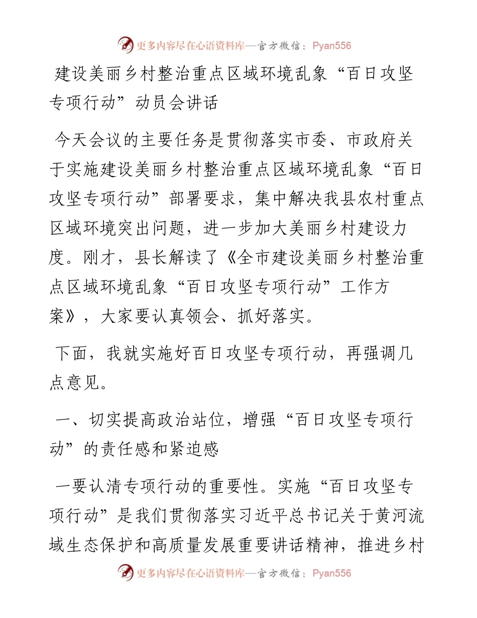 建设美丽乡村整治重点区域环境乱象“百日攻坚专项行动”动员会讲话.docx_第1页
