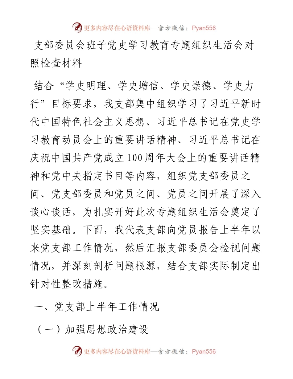 支部委员会班子党史学习教育专题组织生活会对照检查材料.docx_第1页
