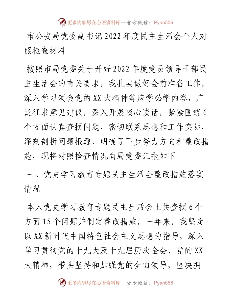 市公安局党委副书记度民主生活会个人对照检查材料.docx_第1页