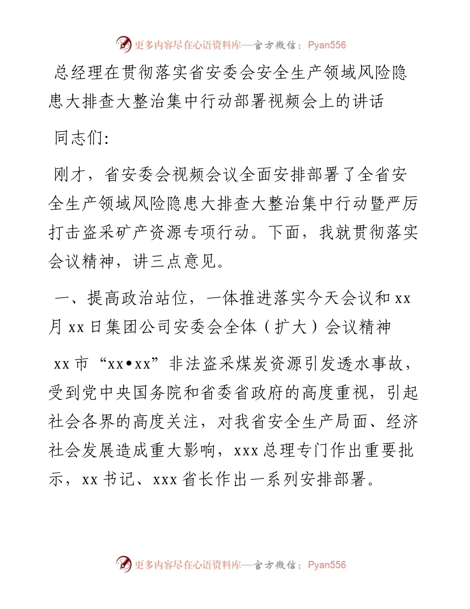 总经理在贯彻落实省安委会安全生产领域风险隐患大排查大整治集中行动部署视频会上的讲话.docx_第1页